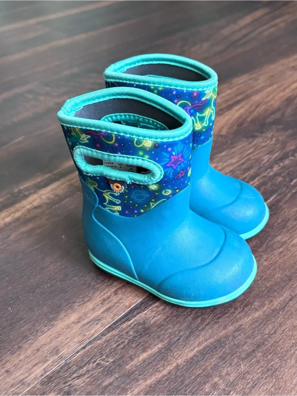 Bogs Waterproof Blue Rain Boots with Neon Galaxy Trim size 4 baby
